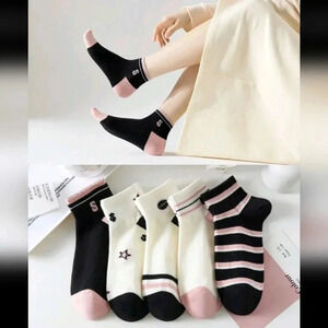 5 pair set pink light weight women's ankle socks black white pink casual dress